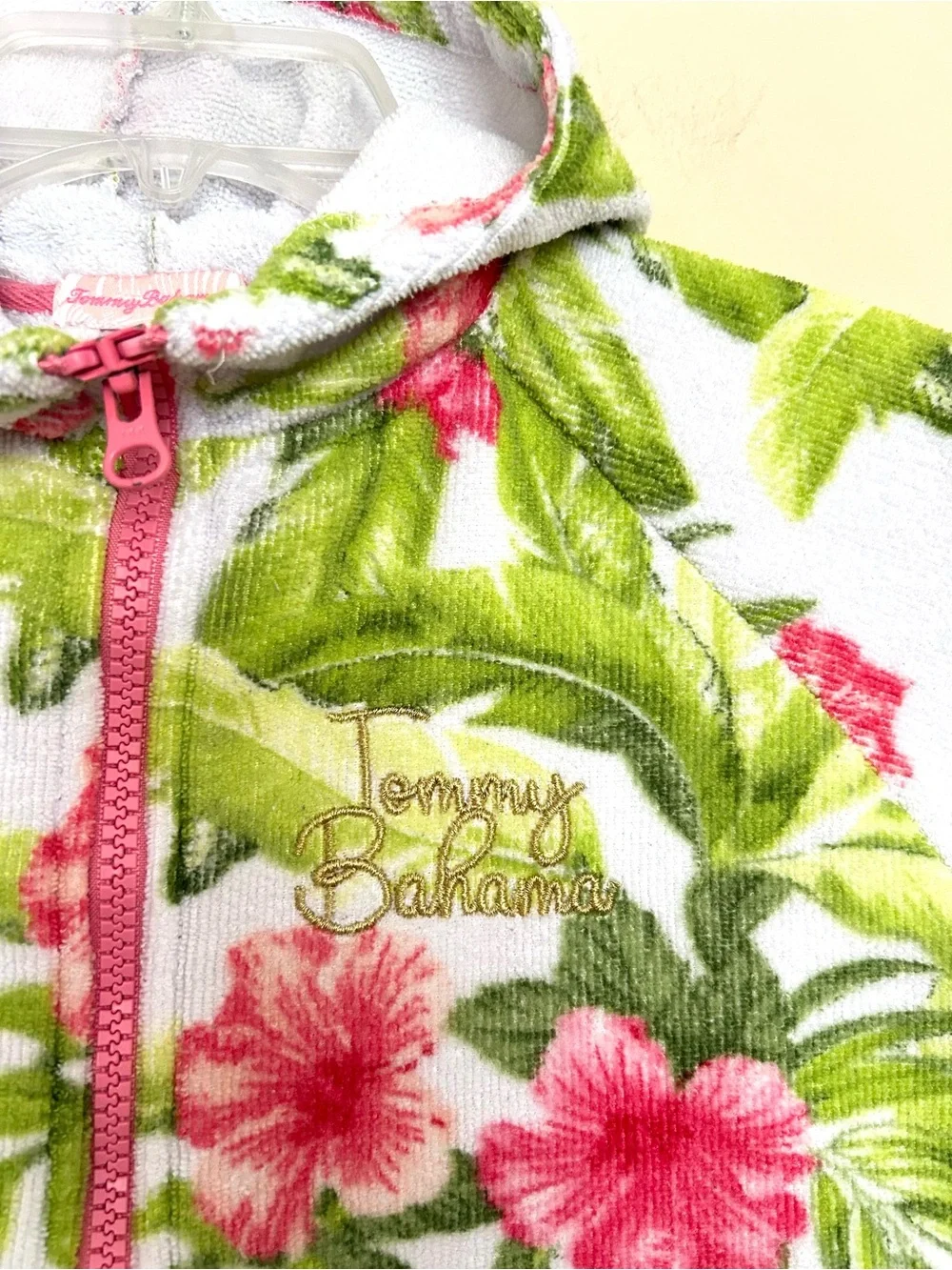 Tommy Bahama White Hooded Kids Cover-Up with Pink Floral & Green Leaf Print